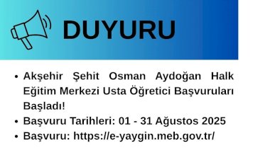 Akşehir Halk Eğitim Merkezi Ücretli Usta Öğretici Başvuruları Başladı